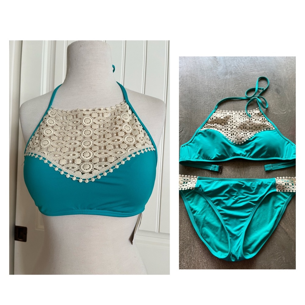 Kenneth Cole Reaction New with Tags Teal Crochet Detailed Bikini Top and Bottoms